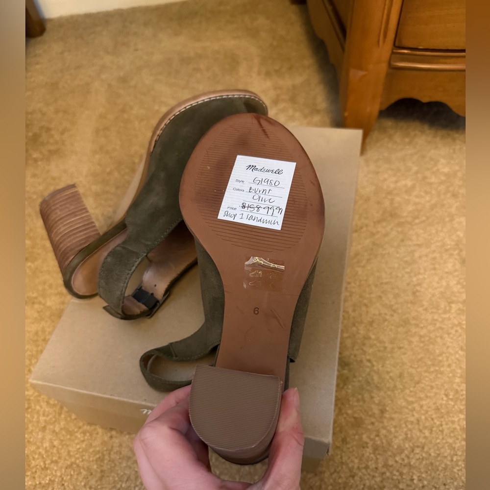 Madewell Olive Green Peep Toe Block Stacked Heel Slingback Heels, size 6 NIB - Picture 7 of 11